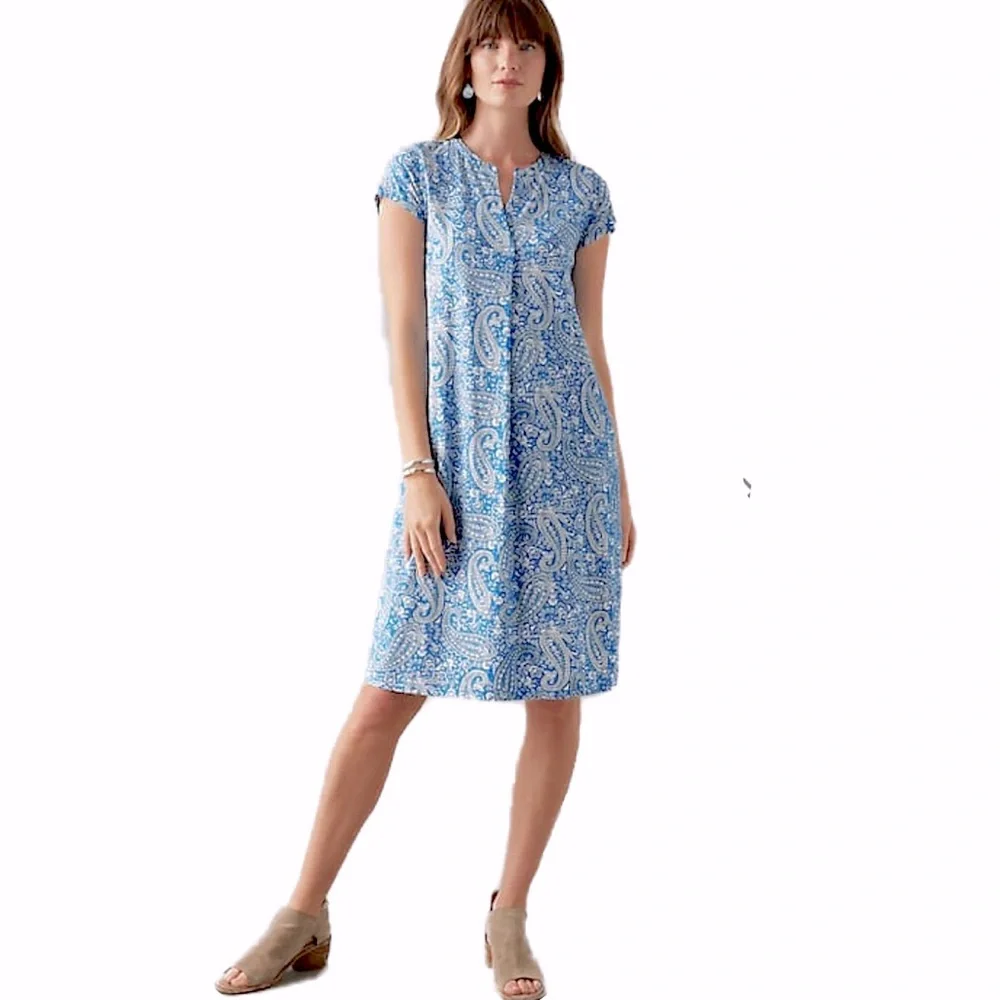 J. Jill Paisley-Printed A-Line Dress blue white short sleeve XLP NWT - Picture 1 of 11